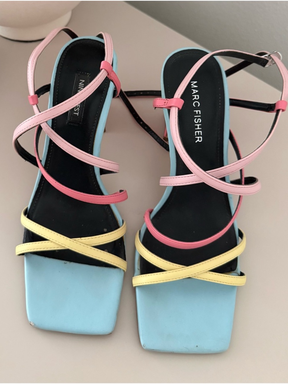 Marc Fisher Pastel Multi-Strap Square Toe Sandals - Pink, Blue & Yellow
